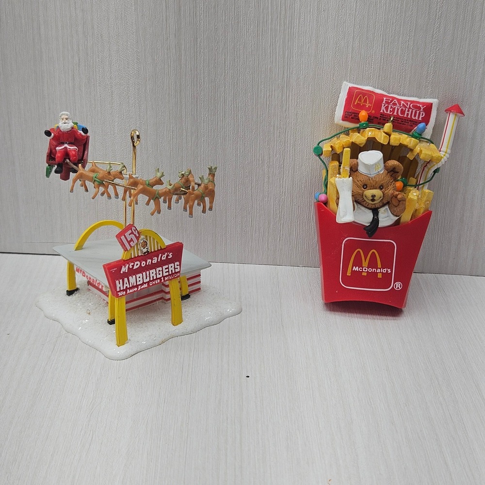 Vintage 1990 McDonalds Christmas Ornaments Santa Reindeer & Ketchup Bear Set